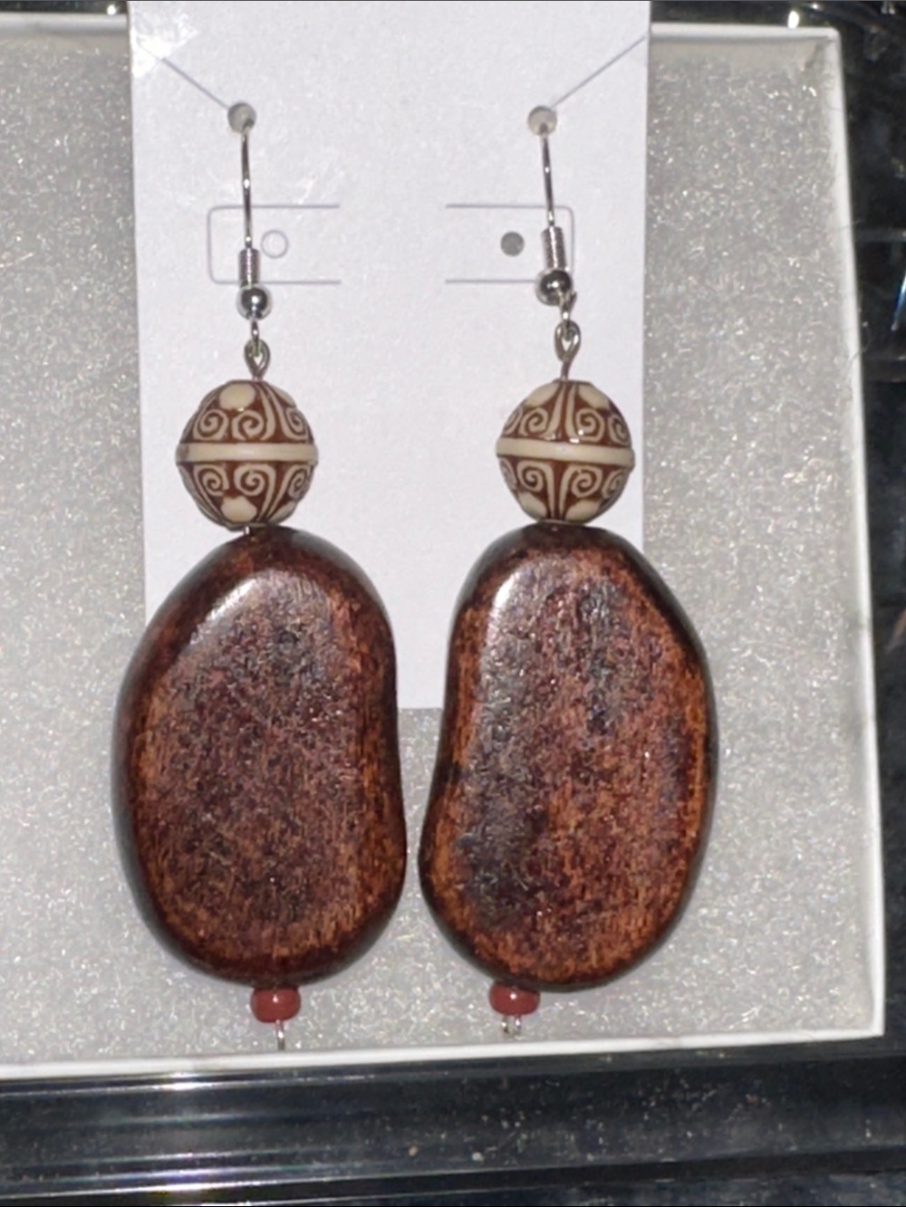 Handmade Brown Wood & Cream Bead Drop Earrings